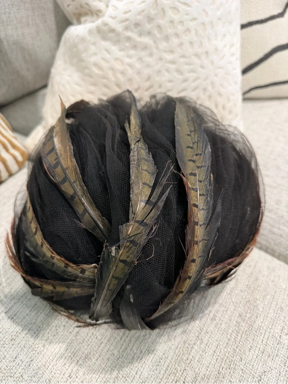Christian Dior Black Tulle Feather Turban From the 1960s